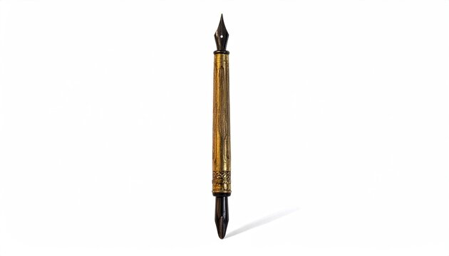 Vintage Brass Dip Pen Standing Upright on White Background