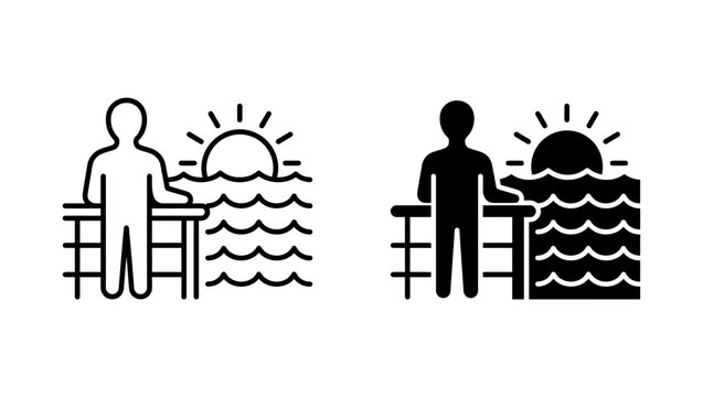 Person standing on pier watching sunset vector icon set