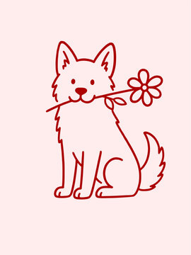 Cute dog sitting holding flower in mouth line art pet illustration
