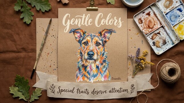 Detailed watercolor dog portrait resting on rustic paper surrounded by painting tools and autumn leaves. This colorful artwork showcases creative talent and a deep love for adorable domestic pets