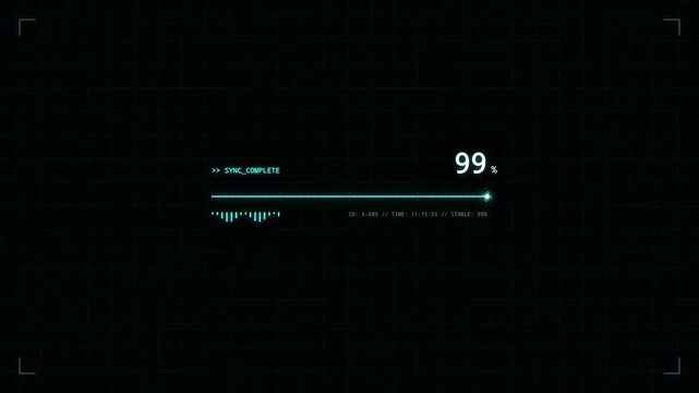 Futuristic digital loading screen with cyan progress bar showing ninety nine percent completion on dark background
