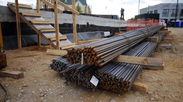 Metal rods feature ribbed texture rusty cut ends. Industrial scene shows raw building components ready for reinforced concrete reinforcement