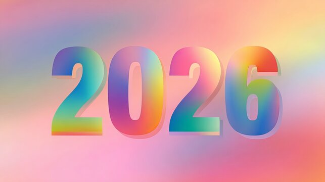 Vibrant 2026 typography featuring bold rounded letters with a smooth holographic gradient finish displayed against soft blurred rainbow light aesthetics