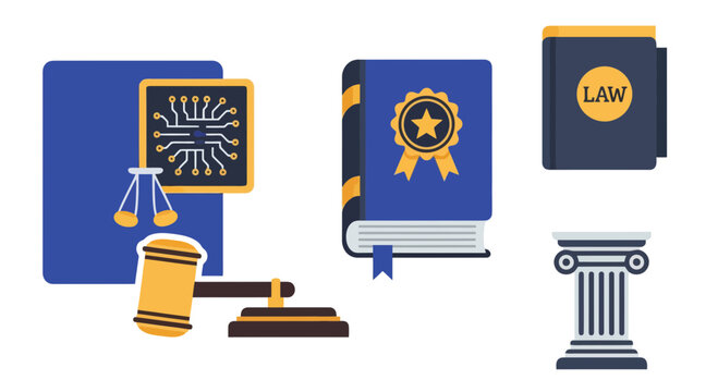 Digital Law and Justice Symbols: Gavel, Scales of Justice, Law Books, and Column.