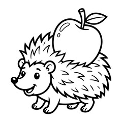Naklejka premium A small hedgehog character standing and carrying a large apple on its back, simple black and white line for children coloring book