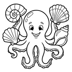 Cheerful octopus character holding different types of sea shells on its arms, black and white line for children coloring book page