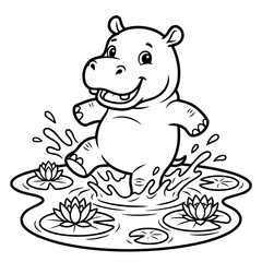 A cute cartoon baby hippo jumping and splashing in a pond with water lilies, black and white line for a children coloring book page