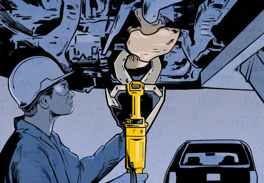 Mechanic wearing hard hat and protective goggles working below car