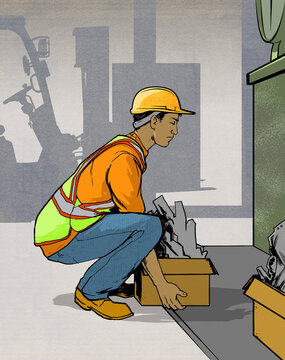 Warehouse worker using correct technique lifting heavy box