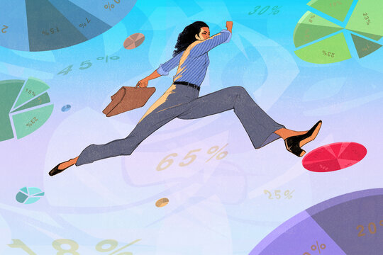Ambitious confident businesswoman leaping across pie chart stepping stones