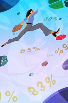 Ambitious confident businesswoman leaping across pie chart stepping stones