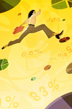 Ambitious confident businesswoman leaping across pie chart stepping stones