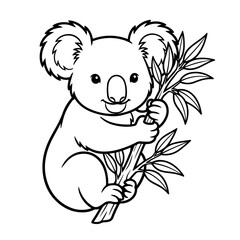 Naklejka premium A cute cartoon koala bear holding onto a leafy tree branch, simple black and white line for children coloring pages
