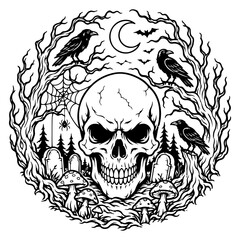 Fototapeta premium Gothic Skull and Ravens Graveyard Illustration – Dark Black and White Line Art with Trees, Spider Web, and Moon