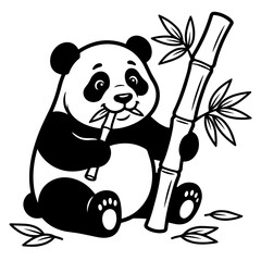 Adorable panda bear character holding a tall stalk of bamboo, black and white line for coloring book, isolated white background © md ruhul11