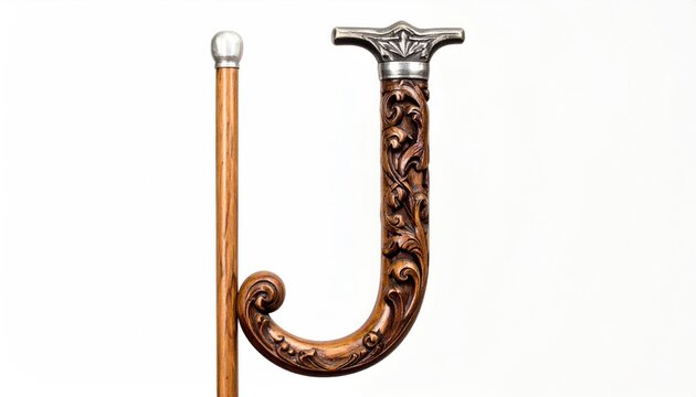 Ornate Carved Walking Cane with Curved Shaft and Silver Tip