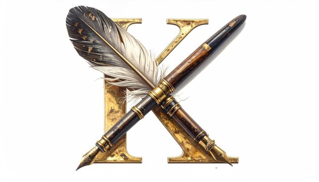 Elegant Vintage Quill and Fountain Pen Overlaying Gold Letter X
