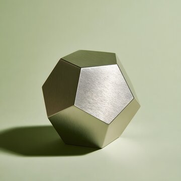 Brushed steel geometric paperweight on pale olive backdrop