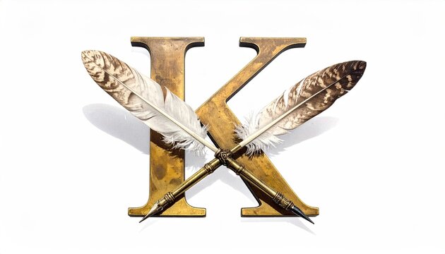 Golden Letter X with Quill Feathers in Classical Style