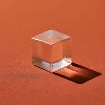Frosted Glass Cube on Terracotta Surface Minimalist Abstract