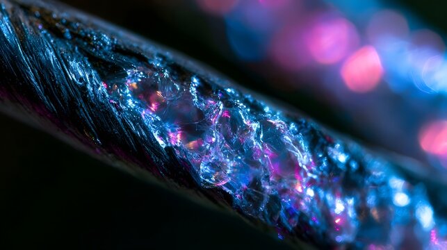 Macro detail of glowing fiber optic cable bundle