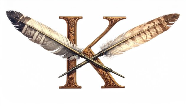 Intricate Bronze Letter K with Crossed Feathers and Quills