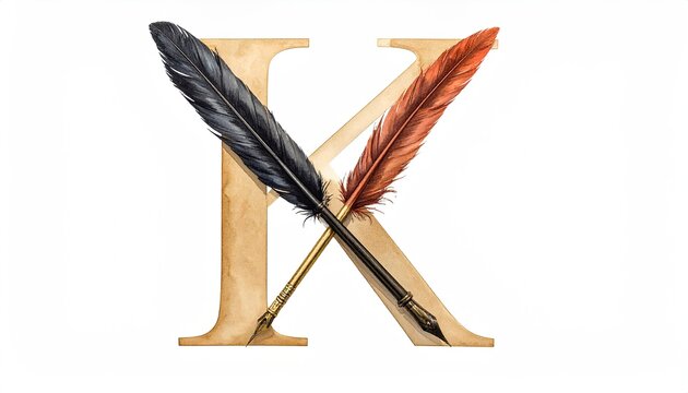 Elegant Golden X Letter with Black and Red Feather Quill