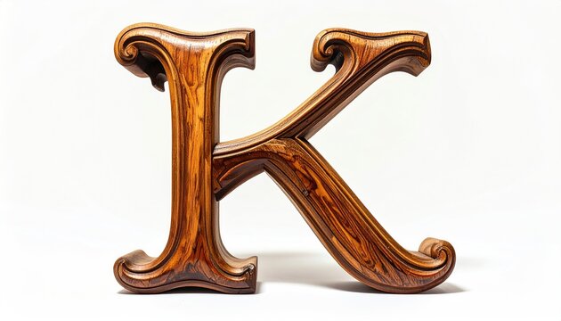 Elegant Wooden Letter K with Ornate Detailing on Light Background