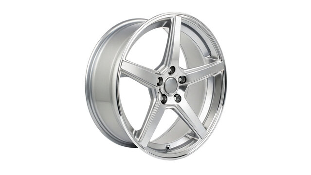 Metallic silver steel spoked car wheel rim component hardware isolated on transparent background