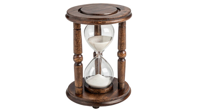 Classic vintage wooden hourglass sand timer counting down fleeting time isolated on transparent background