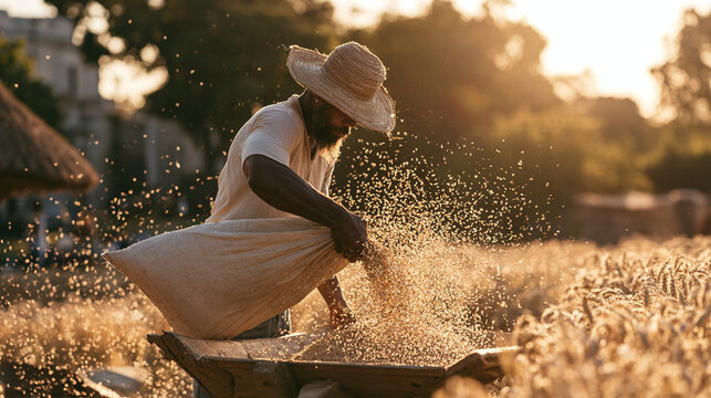 Man Thresh Grain in Field During Sunset with Golden Light and Dust
