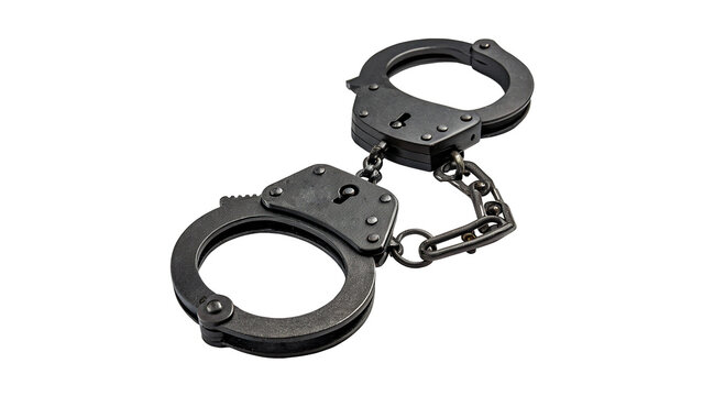 Pair of metallic steel police handcuffs security enforcement restriction tool isolated on transparent background