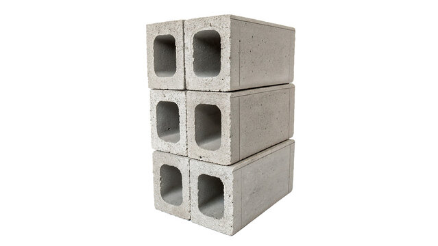 Three tier gray concrete cinder block wall construction building material isolated on transparent background