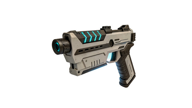 Sci-fi futuristic silver metallic laser blaster pistol gun weapon toy isolated on transparent background