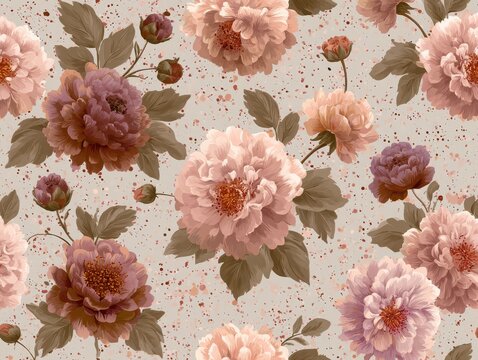 Neutral Autumn Floral Seamless Pattern with Brown and Blush Pink Flowers