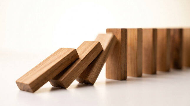 Wooden dominoes in a chain reaction, falling over in a cascading motion. Creative wooden blocks demonstrate physics of falling dominoes, showcasing the elegance of movement.