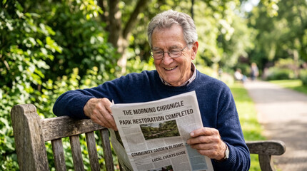 Fototapeta premium Elderly man reading newspaper in park with smile while sitting on bench surrounded by greenery. Elderly man enjoys peaceful moment outdoors reading news in park, embracing a leisurely afternoon.