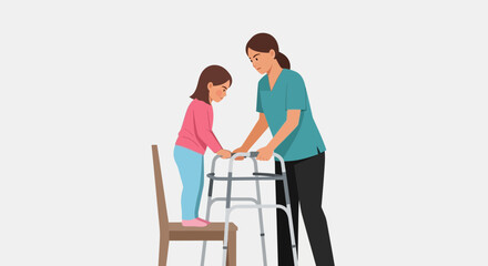 Fototapeta premium Nurse Helping Child Stand with Walker, Physical Therapy