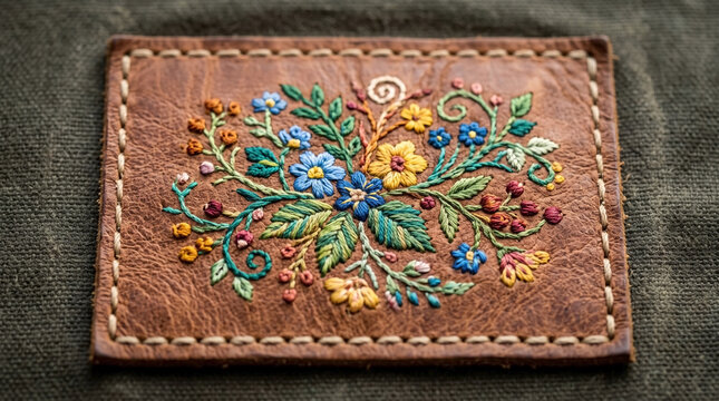 Embroidered leather patch featuring colorful floral design with intricate stitching and vibrant flowers. Unique leather piece showcases artistry of embroidery with delicate detailing.
