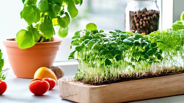 Fresh microgreens on kitchen windowsill with herbs and vegetables