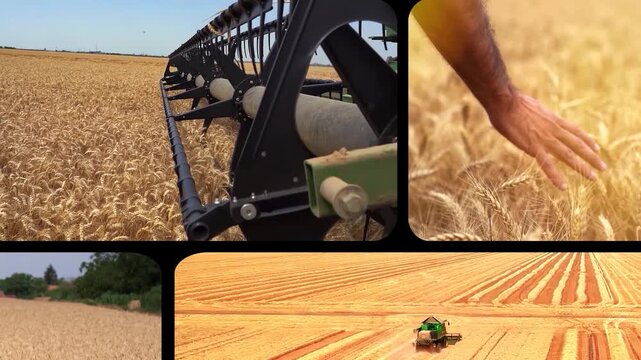 Animated Multi Screen Wheat Harvest and Grain Terminal River Port Loading Drone Video. Excellent for agricultural marketing transport logistics commercials and global food industry presentations.