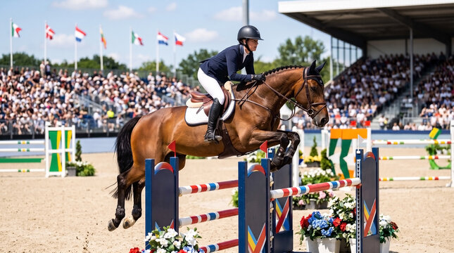 Equestrian show jumping competition with horse and rider clearing colorful obstacles in arena filled with spectators.