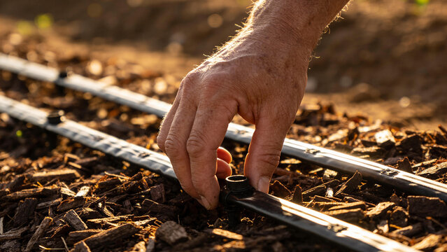 Hand adjusts drip irrigation system for water-efficient agriculture in a field