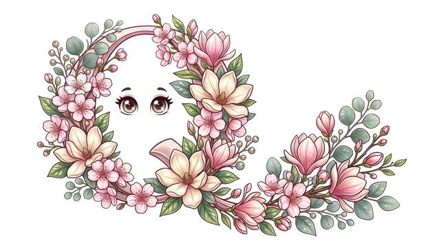 Floral letter Q with pink magnolia blossoms, botanical alphabet character with cute eyes, decorative spring flower typography for greeting cards