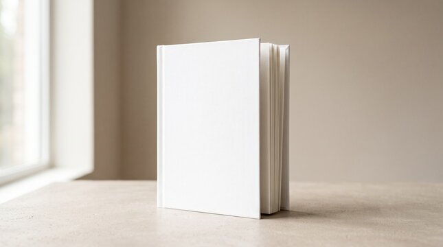 Minimalist Blank White Hardcover Book Mockup Standing Upright on a Neutral Tabletop Surface for Professional Editorial and Literary Design Presentation
