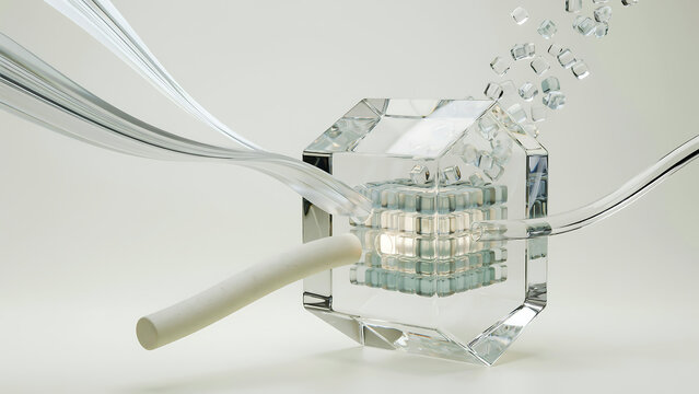 Crystal glass cube with flowing water and bubbles around it transparent geometric refraction abstract aesthetic sculpture creative