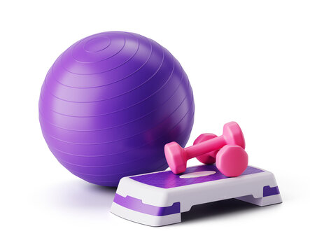 Fitness ball, dumbbells weights and fitness step board. Fitness, gym concept 