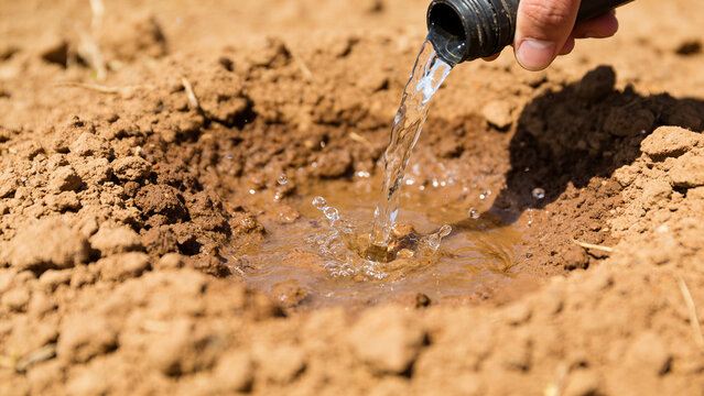 Water flows into a hole in dry soil for irrigation purposes during midday activity