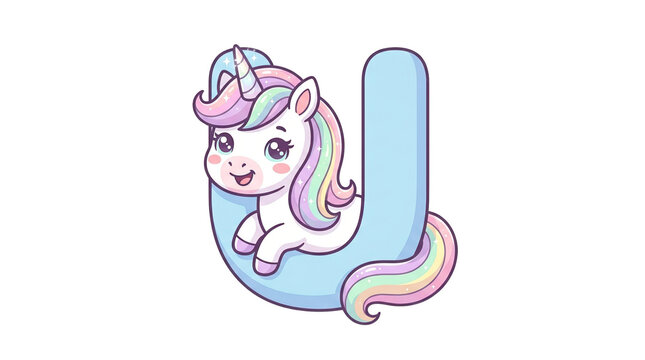 Cute unicorn letter U illustration, pastel rainbow alphabet character, whimsical nursery animal font design for kids