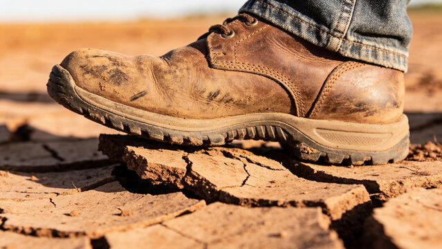 Footsteps on cracked dry ground show effects of drought and water scarcity in agriculture